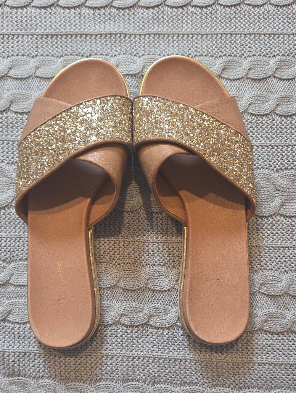 Kate Spade Metallic Gold Glitter Criss Cross Slide Sandals Sz 8 Festive Holiday